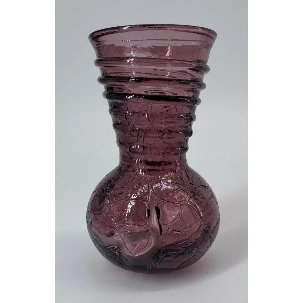 Vintage Purple Crackle Glass Vase Blenko Pilgrim Style Ribbed Neck Art Glass